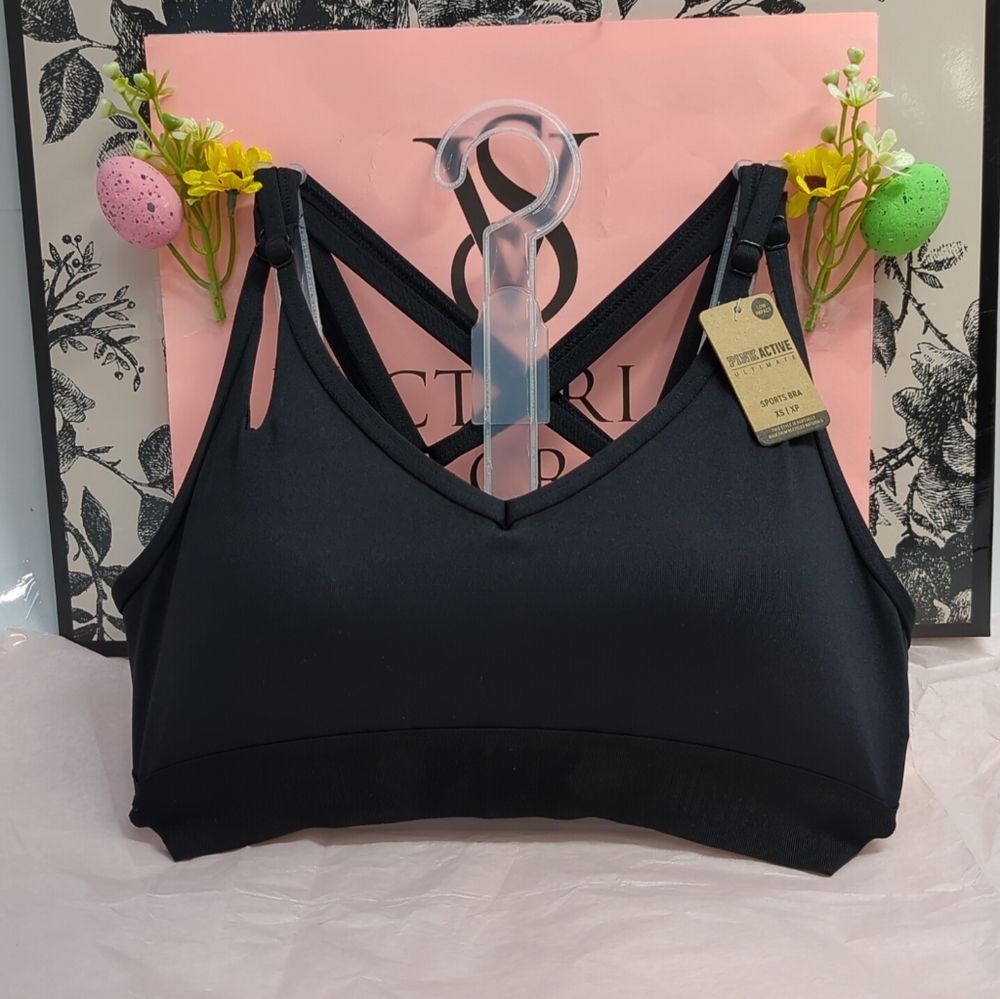 Victoria Secret Pink Ultimate Strappy Back Lightly Lined Sports Bra XS Black